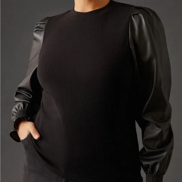 Dolan Anthropologie Mixed Media Puff Sleeve Top in Black Leather Sleeve Small - Picture 2 of 9